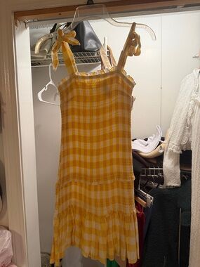 Sincerely Jules Yellow and White Gingham Tie-Shoulder Mini Dress